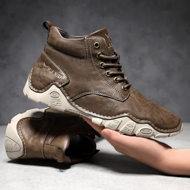 Men's Brown Faux Leather Lace-Up Ankle Boots | Durable Outdoor Footwear with Non-Slip Sole for Hiking and Casual Wear
