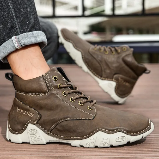 Men's Brown Faux Leather Lace-Up Ankle Boots | Durable Outdoor Footwear with Non-Slip Sole for Hiking and Casual Wear