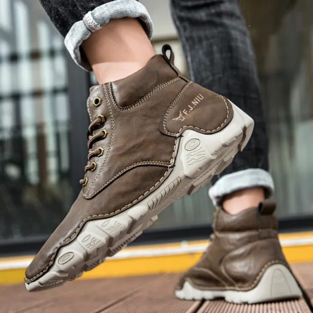 Men's Brown Faux Leather Lace-Up Ankle Boots | Durable Outdoor Footwear with Non-Slip Sole for Hiking and Casual Wear