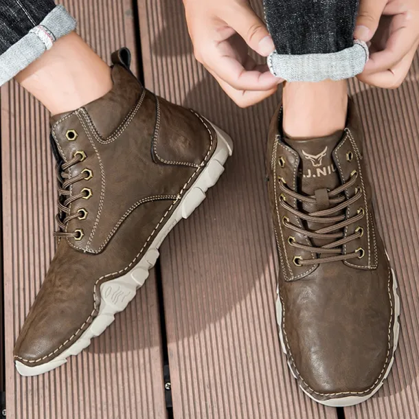 Men's Brown Faux Leather Lace-Up Ankle Boots | Durable Outdoor Footwear with Non-Slip Sole for Hiking and Casual Wear