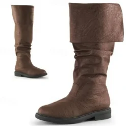 Men's Brown Faux Leather Medieval Pirate Style Slouch Boots – Fold-Over Knee-High Costume Boots for Cosplay, Renaissance Fairs & Themed Events