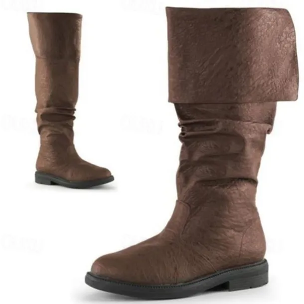 Men's Brown Faux Leather Medieval Pirate Style Slouch Boots – Fold-Over Knee-High Costume Boots for Cosplay, Renaissance Fairs & Themed Events