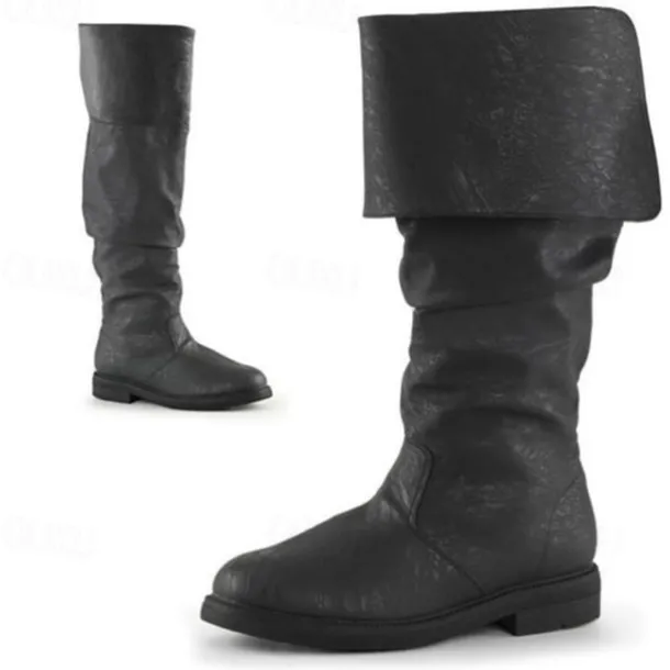 Men's Brown Faux Leather Medieval Pirate Style Slouch Boots – Fold-Over Knee-High Costume Boots for Cosplay, Renaissance Fairs & Themed Events