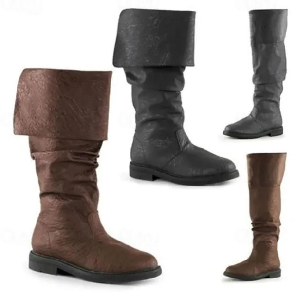 Men's Brown Faux Leather Medieval Pirate Style Slouch Boots – Fold-Over Knee-High Costume Boots for Cosplay, Renaissance Fairs & Themed Events