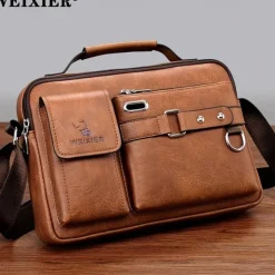 Men's Brown Faux Leather Messenger Bag with Multiple Pockets and Adjustable Strap - Stylish and Functional Crossbody Bag for Travel and Daily Use