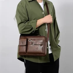 Men's Brown Faux Leather Messenger Bag with Multiple Pockets and Adjustable Strap - Stylish and Functional Crossbody Bag for Travel and Daily Use