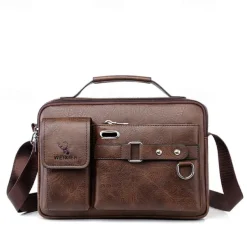 Men's Brown Faux Leather Messenger Bag with Multiple Pockets and Adjustable Strap - Stylish and Functional Crossbody Bag for Travel and Daily Use