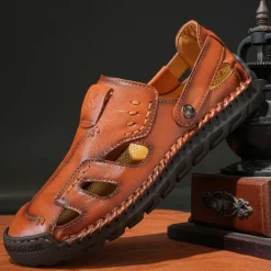 Men's Brown Faux Leather Sandals with Perforated Design, Adjustable Strap, and Durable Sole – Comfortable for Casual Wear, Outdoor and Summer Activities