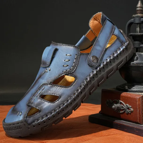 Men's Brown Faux Leather Sandals with Perforated Design, Adjustable Strap, and Durable Sole – Comfortable for Casual Wear, Outdoor and Summer Activities