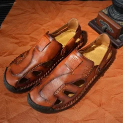 Men's Brown Faux Leather Sandals with Perforated Design, Adjustable Strap, and Durable Sole – Comfortable for Casual Wear, Outdoor and Summer Activities