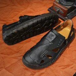 Men's Brown Faux Leather Sandals with Perforated Design, Adjustable Strap, and Durable Sole – Comfortable for Casual Wear, Outdoor and Summer Activities