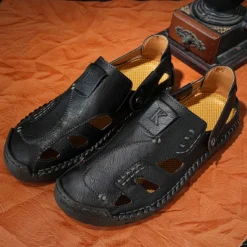 Men's Brown Faux Leather Sandals with Perforated Design, Adjustable Strap, and Durable Sole – Comfortable for Casual Wear, Outdoor and Summer Activities