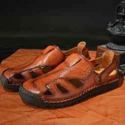 Men's Brown Faux Leather Sandals with Perforated Design, Adjustable Strap, and Durable Sole – Comfortable for Casual Wear, Outdoor and Summer Activities