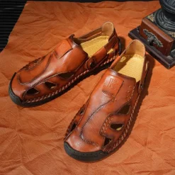 Men's Brown Faux Leather Sandals with Perforated Design, Adjustable Strap, and Durable Sole – Comfortable for Casual Wear, Outdoor and Summer Activities