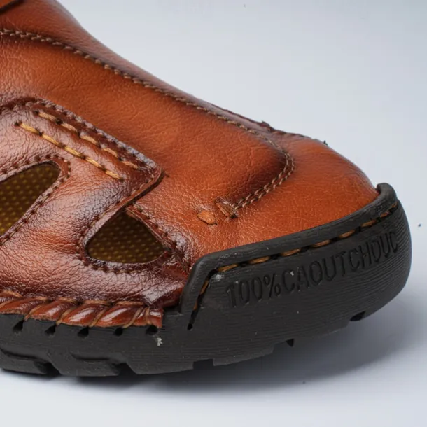 Men's Brown Faux Leather Sandals with Perforated Design, Adjustable Strap, and Durable Sole – Comfortable for Casual Wear, Outdoor and Summer Activities