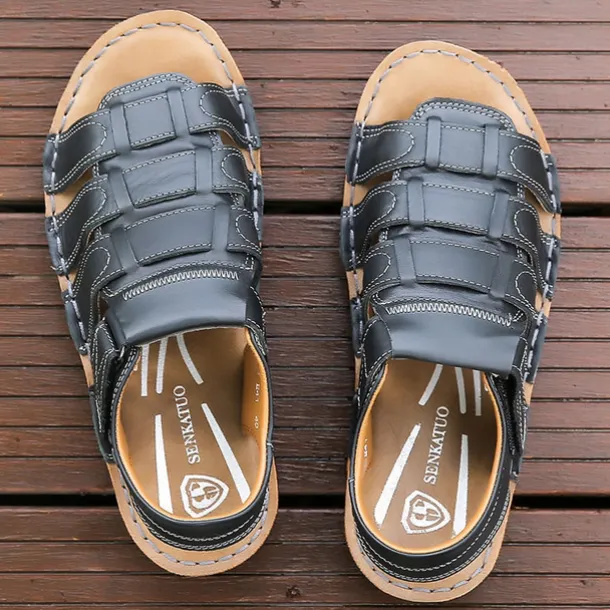 Men's Brown Faux Leather Sandals – Adjustable Straps, Breathable Design, Casual Outdoor Footwear for Summer Activities