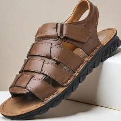 Men's Brown Faux Leather Sandals – Adjustable Straps, Breathable Design, Casual Outdoor Footwear for Summer Activities