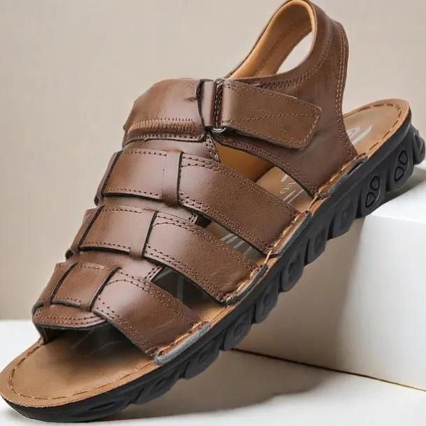 Men's Brown Faux Leather Sandals – Adjustable Straps, Breathable Design, Casual Outdoor Footwear for Summer Activities