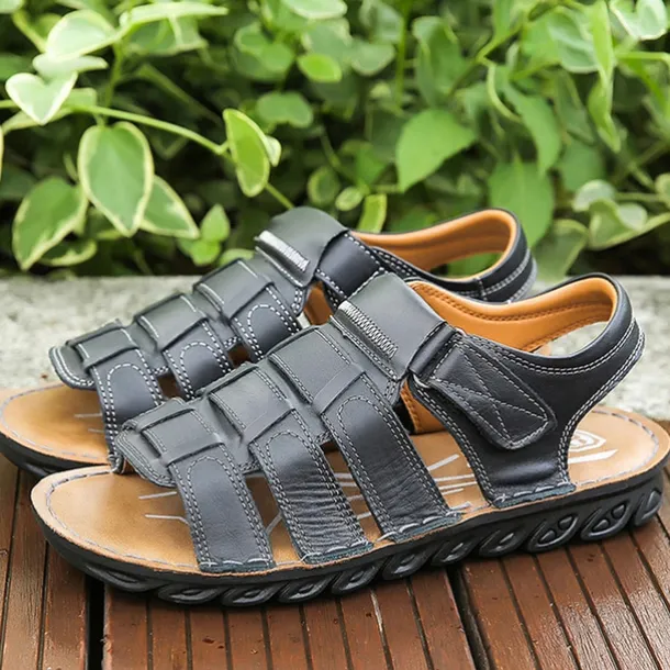 Men's Brown Faux Leather Sandals – Adjustable Straps, Breathable Design, Casual Outdoor Footwear for Summer Activities