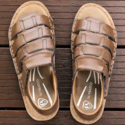 Men's Brown Faux Leather Sandals – Adjustable Straps, Breathable Design, Casual Outdoor Footwear for Summer Activities