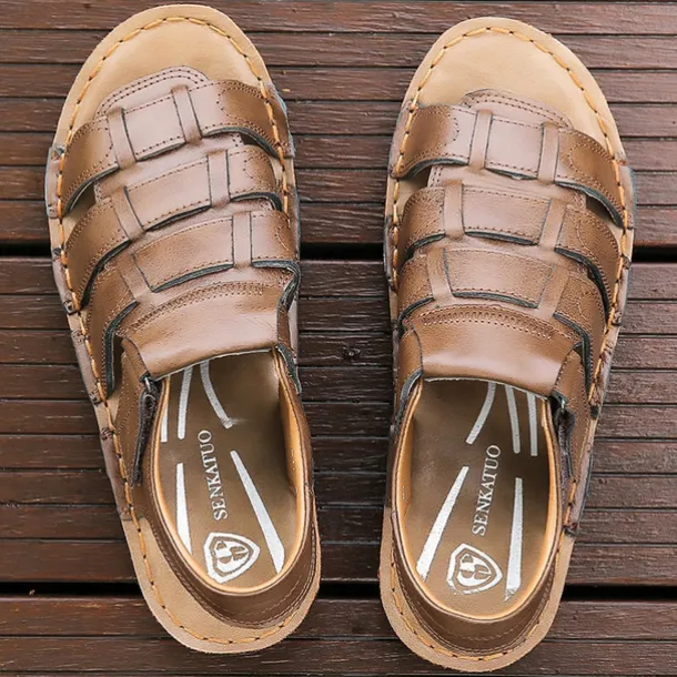 Men's Brown Faux Leather Sandals – Adjustable Straps, Breathable Design, Casual Outdoor Footwear for Summer Activities
