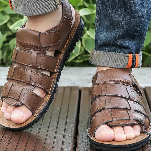 Men's Brown Faux Leather Sandals – Adjustable Straps, Breathable Design, Casual Outdoor Footwear for Summer Activities