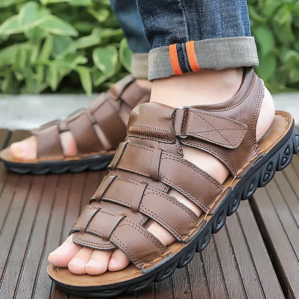 Men's Brown Faux Leather Sandals – Adjustable Straps, Breathable Design, Casual Outdoor Footwear for Summer Activities