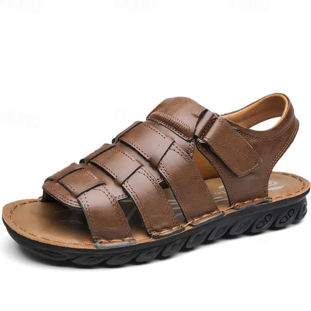 Men's Brown Faux Leather Sandals – Adjustable Straps, Breathable Design, Casual Outdoor Footwear for Summer Activities