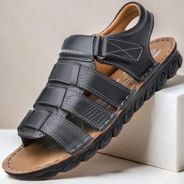Men's Brown Faux Leather Sandals – Adjustable Straps, Breathable Design, Casual Outdoor Footwear for Summer Activities
