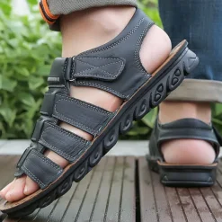 Men's Brown Faux Leather Sandals – Adjustable Straps, Breathable Design, Casual Outdoor Footwear for Summer Activities