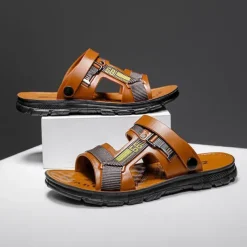 Men's Brown Faux Leather Strap Sandals with Adjustable Buckles - Comfortable Outdoor Casual Summer Footwear