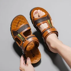 Men's Brown Faux Leather Strap Sandals with Adjustable Buckles - Comfortable Outdoor Casual Summer Footwear