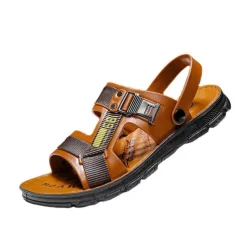 Men's Brown Faux Leather Strap Sandals with Adjustable Buckles - Comfortable Outdoor Casual Summer Footwear