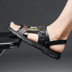 Men's Brown Faux Leather Strap Sandals with Adjustable Buckles - Comfortable Outdoor Casual Summer Footwear