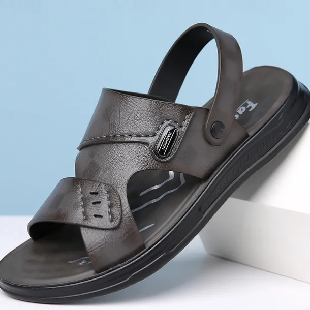 Men's Brown Faux Leather Sandals – Adjustable Slingback Strap, Comfortable Sole, Casual Summer Footwear for Beach and Outdoor Use