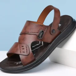 Men's Brown Faux Leather Sandals – Adjustable Slingback Strap, Comfortable Sole, Casual Summer Footwear for Beach and Outdoor Use