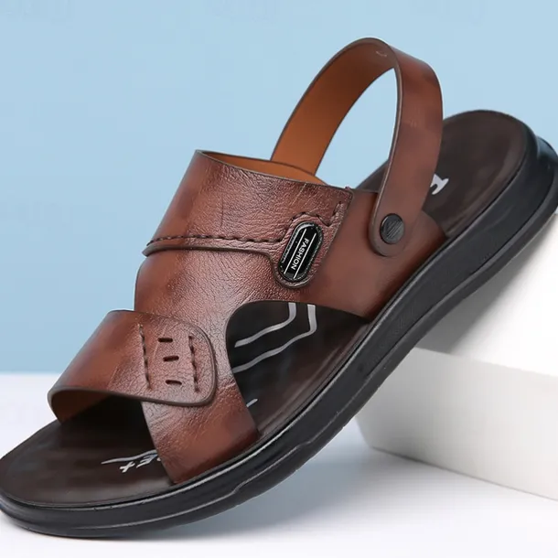 Men's Brown Faux Leather Sandals – Adjustable Slingback Strap, Comfortable Sole, Casual Summer Footwear for Beach and Outdoor Use