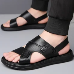 Men's Brown Faux Leather Sandals – Adjustable Slingback Strap, Comfortable Sole, Casual Summer Footwear for Beach and Outdoor Use