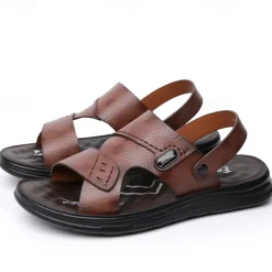 Men's Brown Faux Leather Sandals – Adjustable Slingback Strap, Comfortable Sole, Casual Summer Footwear for Beach and Outdoor Use