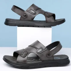 Men's Brown Faux Leather Sandals – Adjustable Slingback Strap, Comfortable Sole, Casual Summer Footwear for Beach and Outdoor Use