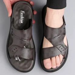 Men's Brown Faux Leather Sandals – Adjustable Slingback Strap, Comfortable Sole, Casual Summer Footwear for Beach and Outdoor Use