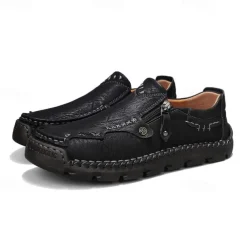 Men's Brown Faux Leather Slip-On Loafers with Side Zipper and Hand-Stitched Details – Comfortable Casual Shoes for Work, Travel, and Daily Wear