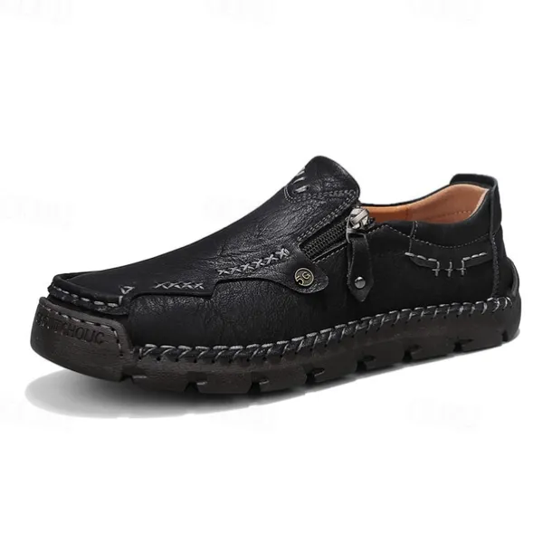 Men's Brown Faux Leather Slip-On Loafers with Side Zipper and Hand-Stitched Details – Comfortable Casual Shoes for Work, Travel, and Daily Wear