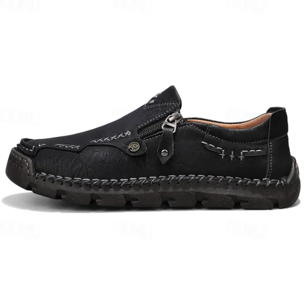 Men's Brown Faux Leather Slip-On Loafers with Side Zipper and Hand-Stitched Details – Comfortable Casual Shoes for Work, Travel, and Daily Wear