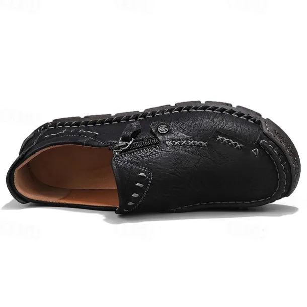Men's Brown Faux Leather Slip-On Loafers with Side Zipper and Hand-Stitched Details – Comfortable Casual Shoes for Work, Travel, and Daily Wear