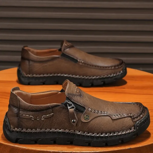 Men's Brown Faux Leather Slip-On Loafers with Side Zipper and Hand-Stitched Details – Comfortable Casual Shoes for Work, Travel, and Daily Wear