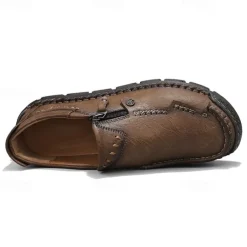 Men's Brown Faux Leather Slip-On Loafers with Side Zipper and Hand-Stitched Details – Comfortable Casual Shoes for Work, Travel, and Daily Wear