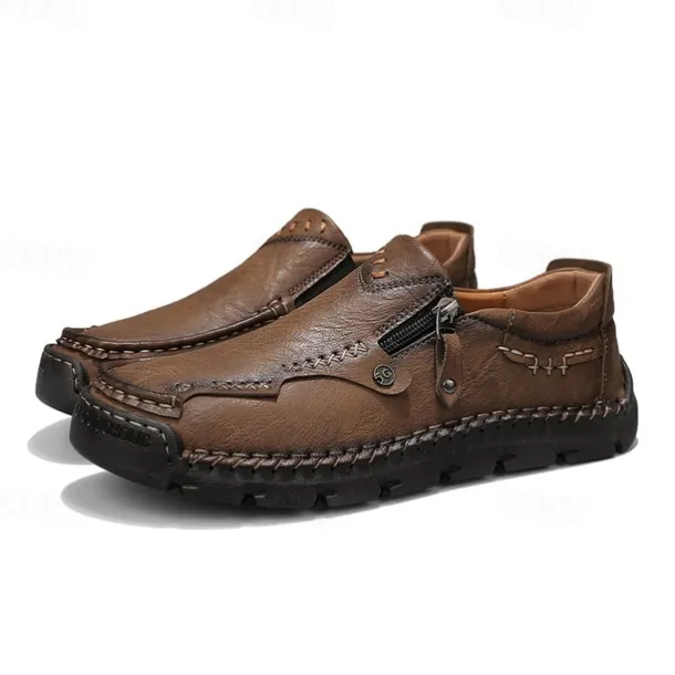 Men's Brown Faux Leather Slip-On Loafers with Side Zipper and Hand-Stitched Details – Comfortable Casual Shoes for Work, Travel, and Daily Wear