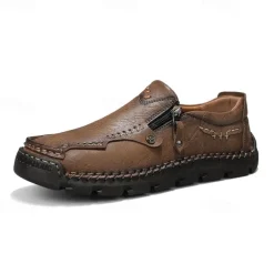 Men's Brown Faux Leather Slip-On Loafers with Side Zipper and Hand-Stitched Details – Comfortable Casual Shoes for Work, Travel, and Daily Wear