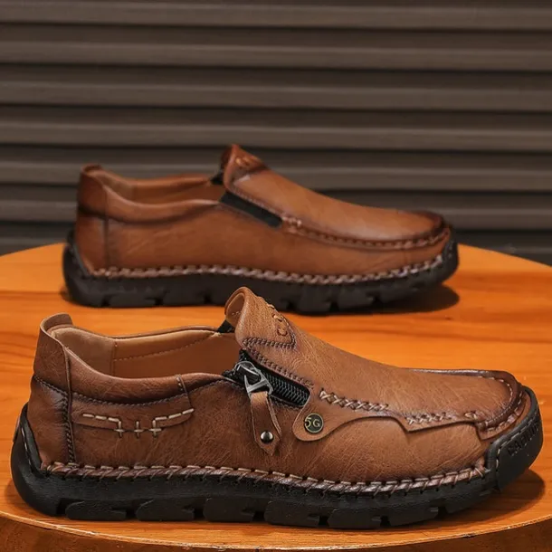 Men's Brown Faux Leather Slip-On Loafers with Side Zipper and Hand-Stitched Details – Comfortable Casual Shoes for Work, Travel, and Daily Wear